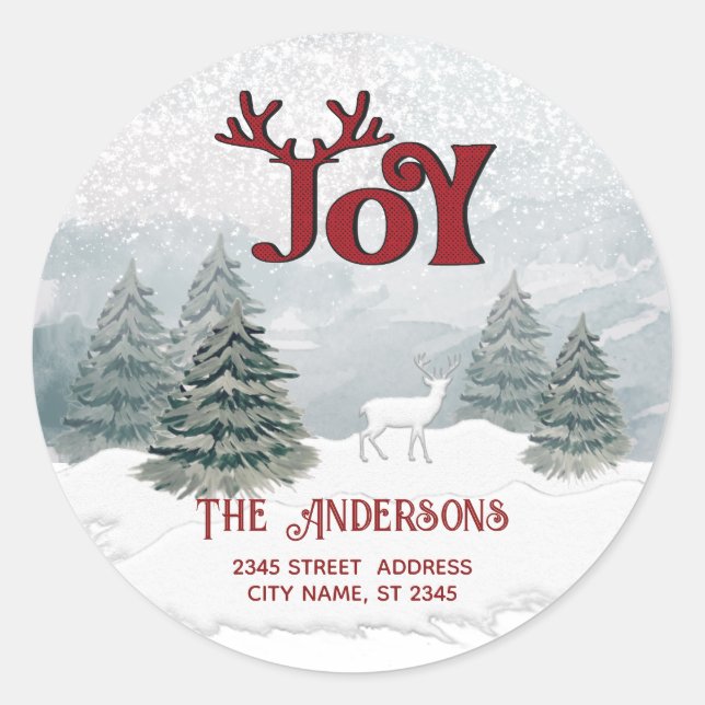  Joy Modern Watercolor winter deer scene   Classic Round Sticker (Front)