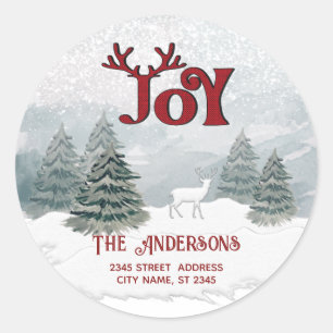 Joy Modern Watercolor winter deer scene Classic Round Sticker