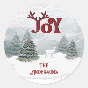 Joy Modern Watercolor winter deer scene Classic Round Sticker