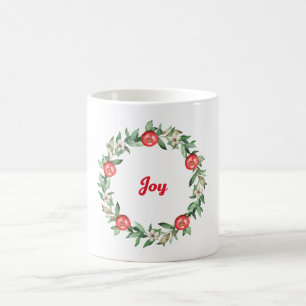 Joy Mug   Pink Floral Pomegranate Wreath Design