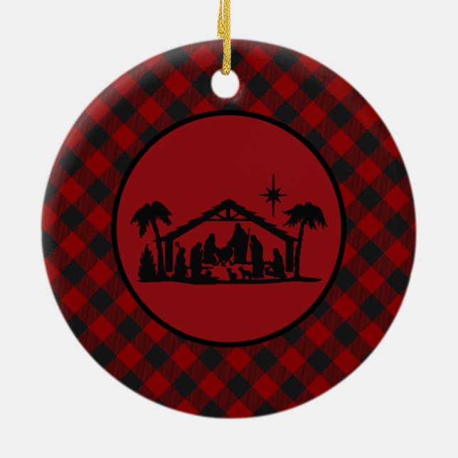 Joy Nativity plaid Ceramic Tree Decoration (Back)