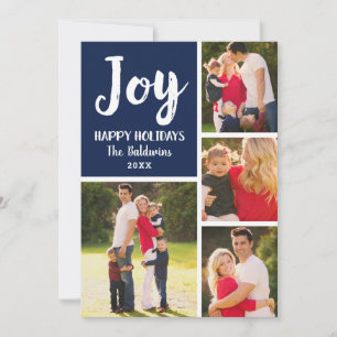 Joy Navy Blue Brushed Script Photo Collage Holiday Card