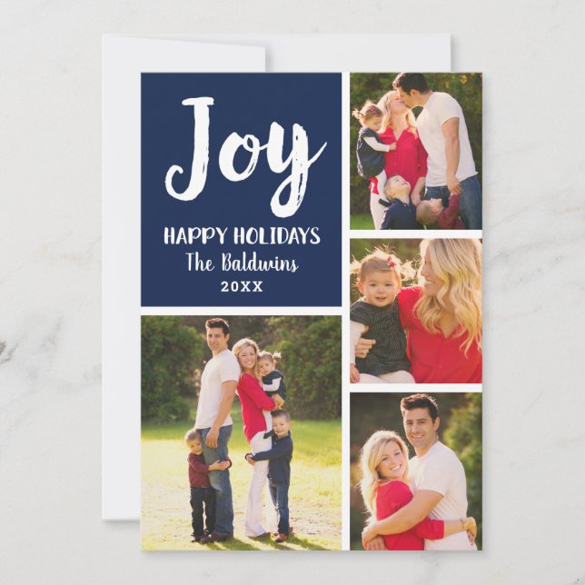 Joy Navy Blue Brushed Script Photo Collage Holiday Card (Front)