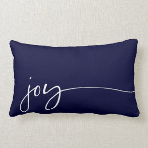 Joy Navy Blue Elegant Script Calligraphy Christmas Lumbar Cushion