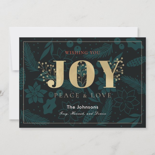 JOY Navy Blue Holiday Floral Pine Christmas Card (Front)