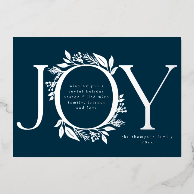 Joy Navy Blue Silver Pine Berry Wreath Photo Foil Holiday Card (Front)