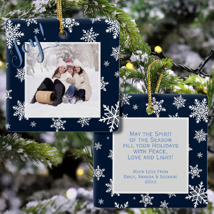 Joy! Navy Blue & White Snowflakes Christmas Photo Ceramic Ornament