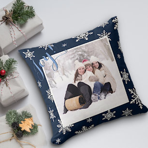 Joy! Navy Blue & White Snowflakes Holiday Photo Cushion