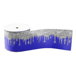 Joy New Year Drips Royal Blue Grey Grey Silver Grosgrain Ribbon