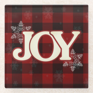 JOY of Christmas Elegant Red buffalo plaid Glass Coaster