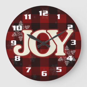 JOY of Christmas Elegant Red buffalo plaid Large Clock