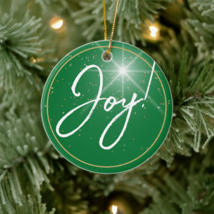 Joy! or Your Message, White Text Deep Green, Star Ceramic Tree Decoration