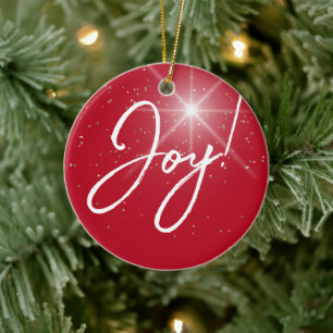 Joy! or Your Message, White Text on Deep Red, Star Ceramic Tree Decoration