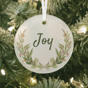 Joy Original botanical watercolor Christmas Glass Tree Decoration