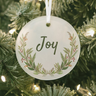 Joy Original botanical watercolor Christmas Glass Tree Decoration