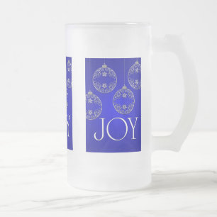 Joy Ornaments on cobalt blue elegant Frosted Glass Beer Mug