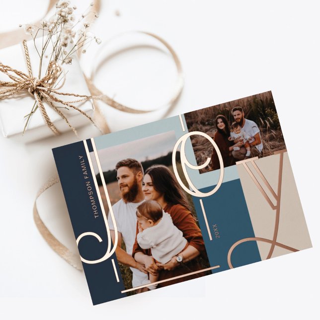 Joy Overlay Bold Modern Colour Blocks Family Photo Foil Holiday Card (Creator Uploaded)