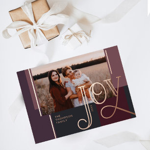 Joy Overlay Modern Purple Colour Block Family Phot Foil Holiday Card