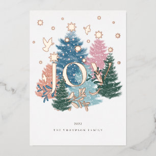 Joy Pastel Watercolor Christmas Tree Forest & Dove Foil Holiday Card
