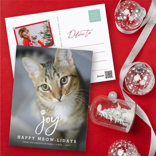 Joy Paw Print Brush Script Cat Lover Simple Pet Holiday Postcard (Creator Uploaded)