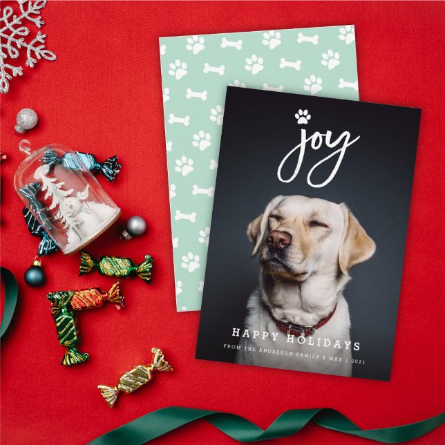 Joy Paw Print Brush Script Dog Lover Photo Pet Holiday Card (Creator Uploaded)