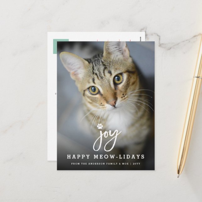 Joy Paw Print Brush Script Dog Lover Photo Pet Holiday Postcard (Front/Back In Situ)