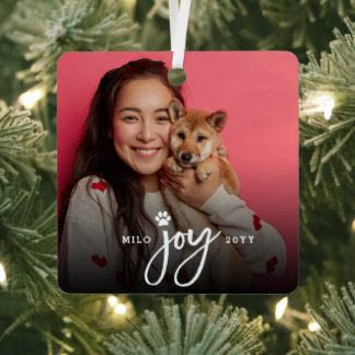 Joy Paw Print Brush Script Photo Dog Pet Christmas Metal Tree Decoration