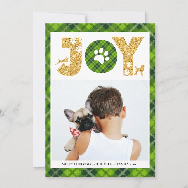 JOY Paws Gold | Pet Lovers Festive Tartan Plaid Holiday Card (Front)