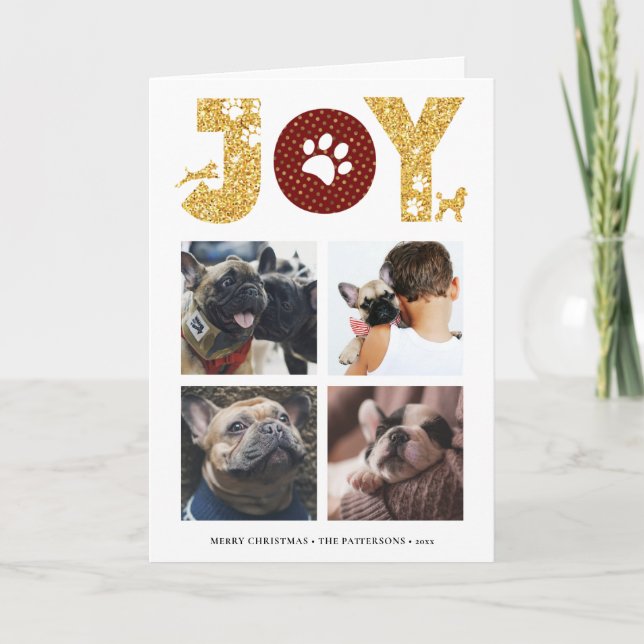 JOY Paws Gold | Pet Lovers Four Photo Collage Holiday Card (Front)