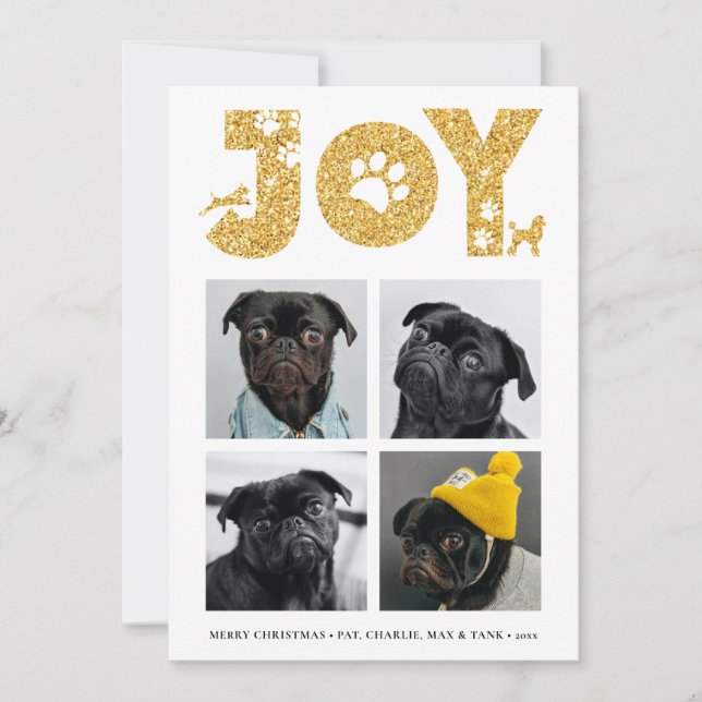 JOY Paws Gold | Pet Lovers Four Photo Collage Holiday Card (Front)