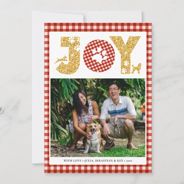JOY Paws Gold | Pet Lovers Red Buffalo Plaid Holiday Card (Front)