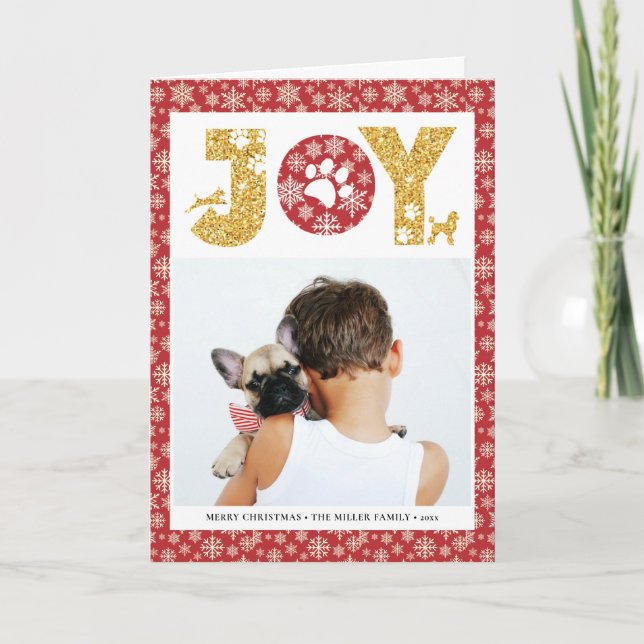 JOY Paws Gold | Pet Lovers Snowflakes In Red Holiday Card (Front)
