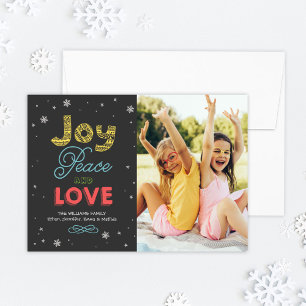 Joy Peace and Love Bright Colours Photo Holiday Card