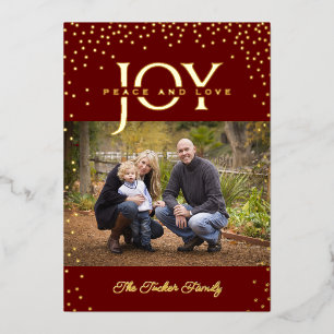JOY Peace and Love Gold Confetti Dark Red 2-Photo Foil Holiday Card