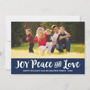 Joy Peace and Love Navy Blue Brushed Script Photo Holiday Card