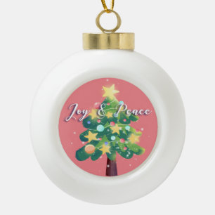 Joy & Peace Caption Carton Christmas Tree Pink  Ceramic Ball Christmas Ornament
