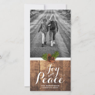 Joy Peace Christmas Wishes Photo Wood Pinecones Holiday Card