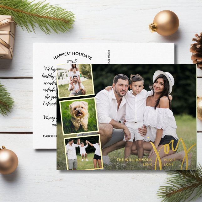 Joy Peace Love Calligraphy Photo Collage Gold  Foil Holiday Postcard (Creator Uploaded)