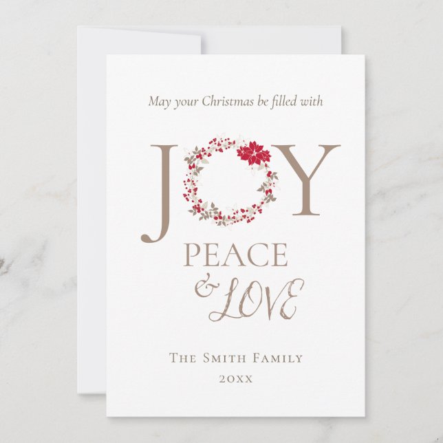 JOY PEACE LOVE Christmas Wreath | Red Beige Holiday Card (Front)