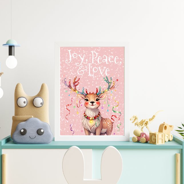 Joy Peace Love Cute Reindeer and Christmas Lights Poster (Cute Reindeer and Christmas Lights Poster)