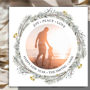 JOY PEACE LOVE   Gold Pine Bough Wreath Holiday Card