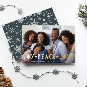 Joy Peace Love Horizontal Photo Foil Holiday Card