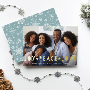 Joy Peace Love Horizontal Photo Foil Holiday Card