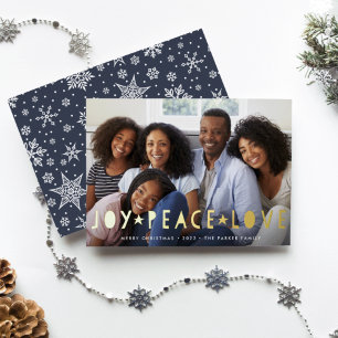 Joy Peace Love Horizontal Photo Foil Holiday Card