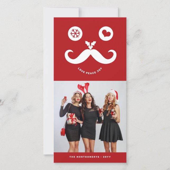 Joy Peace Love Moustache Smiling Face Funny Photo Holiday Card (Front)