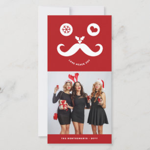 Joy Peace Love Moustache Smiling Face Funny Photo Holiday Card