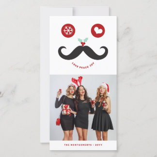 Joy Peace Love Moustache Smiling Face Funny Photo Holiday Card
