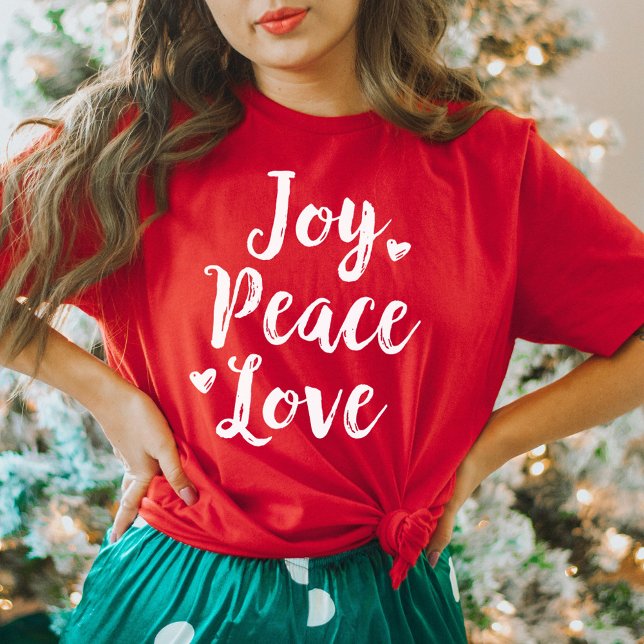 Joy Peace Love Red Brushed Script Womens Holiday T-Shirt (Creator Uploaded)