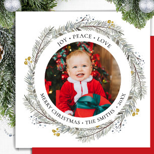 JOY PEACE LOVE Red Gold Berry Pine Bough Wreath Holiday Card