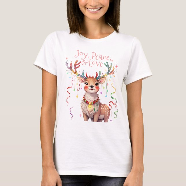 Joy Peace Love Reindeer and Christmas Lights T-Shirt (Front)